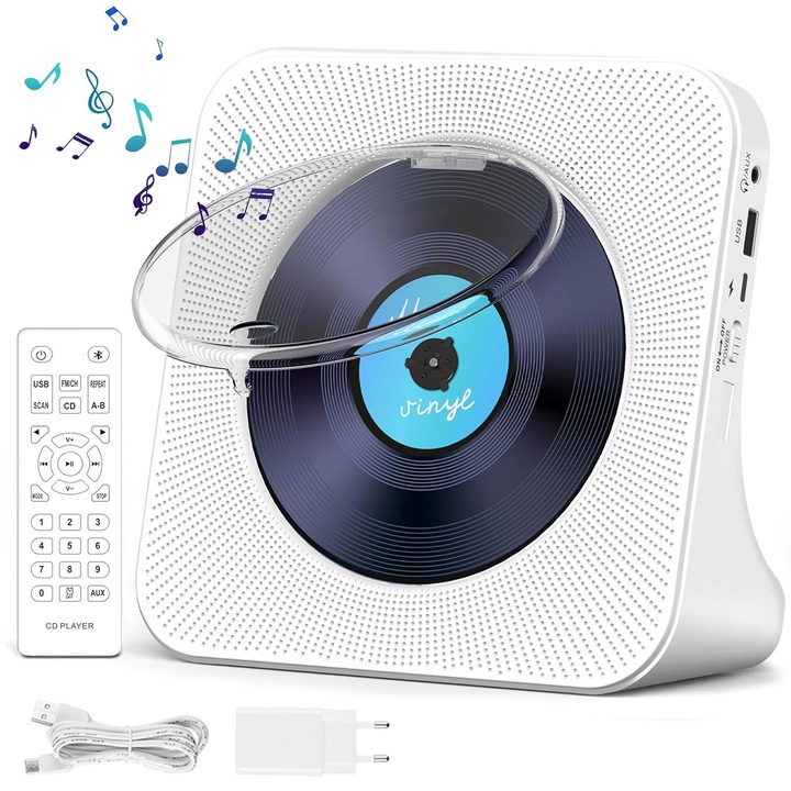 CD player portabil multifunctional, Bluetooth 5.0, Axroad Mall, Cu maner de transport, Telecomanda, Adaptor, Radio FM, Boxe HiFi integrate, USB/3.5MM AUX, MP3, Ecran LCD, Alb