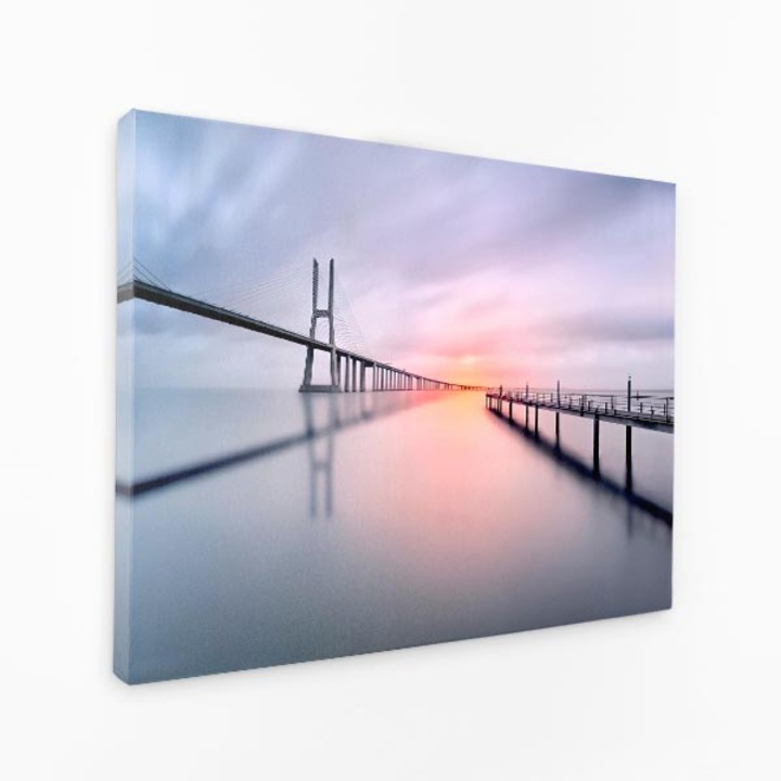 Комплект от три платна - отражение на залез мост над водата - 150x100 см