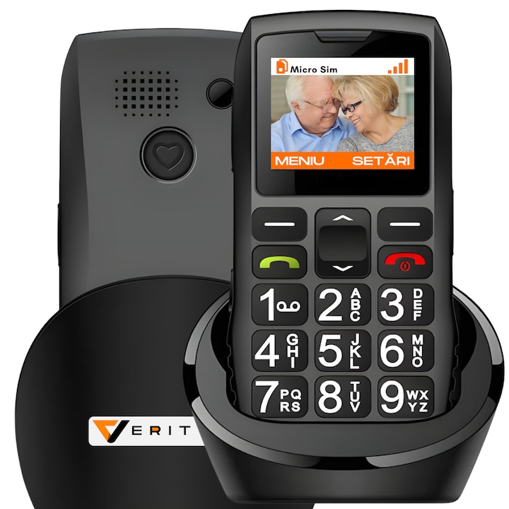 Telefon Mobil Seniori VERITY, Functie SOS pentru Siguranta, Telefon Mobil cu Taste Mari, Meniu Limba Romana, Maghiara, Radio, Difuzor Puternic, Lanterna, Telefon cu Butoane Rezistent Varstnici, Baterie 1800mAh, Autonomie Mare, Ecran 4.6cm, Carcasa Solida