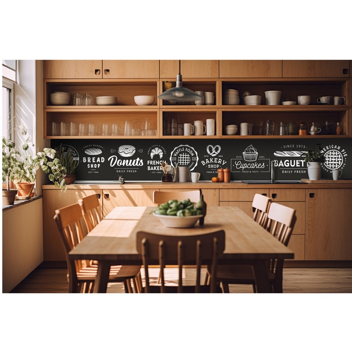 Tapet foto autoadeziv pentru bucatarie, Semne de brutarie 420 x 60 cm, Multicolor