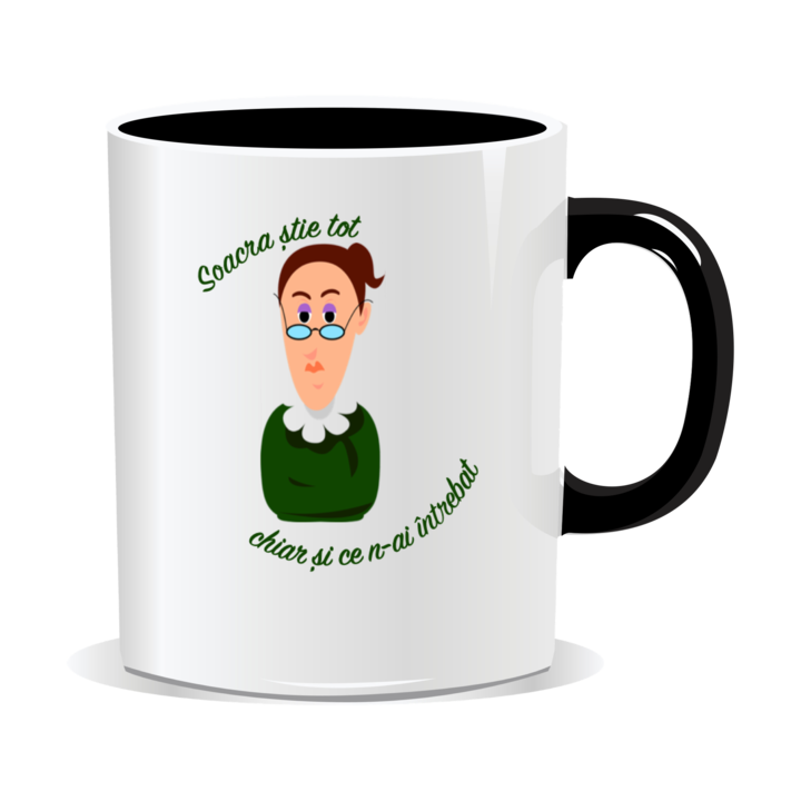 Cana personalizata cu mesaje pentru soacra, Soacra stie tot, chiar si ce n-ai intrebat, 330ml, interior negru