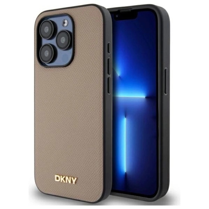 iPhone 15 Pro tok, DKNY Grained Metal Logo MagSafe, bézs, kemény tok, Iphone 15 Pro