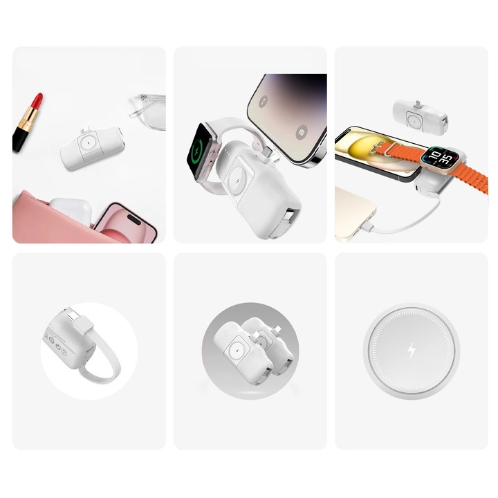 Powerbank mini Wozinsky WF16-YCS 5000mAh 15W USB-C cu cablu USB-C integrat si incarcator pentru Apple Watch - alb