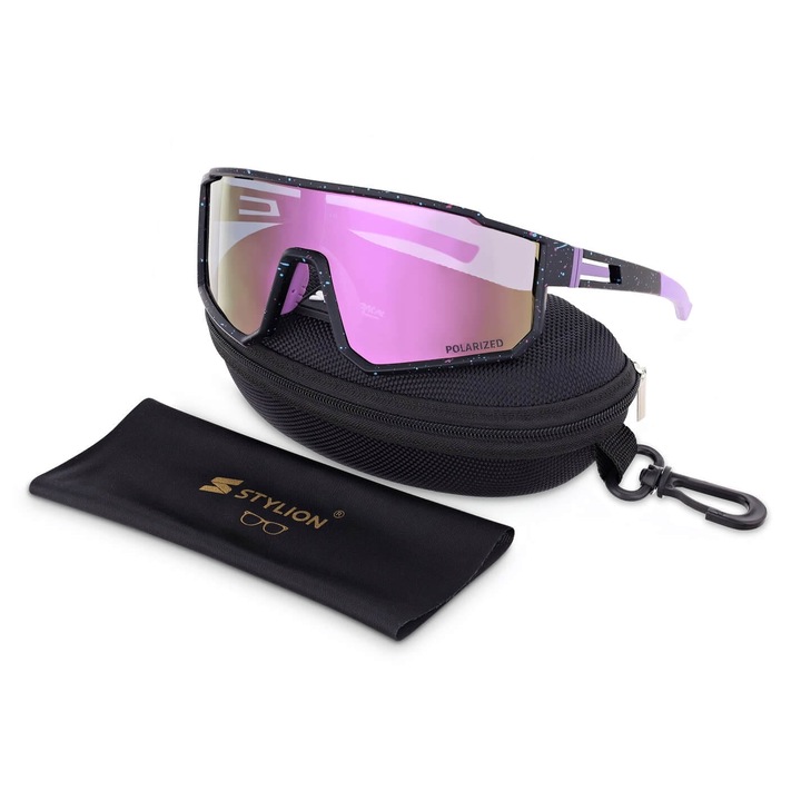 Ochelari de soare sportivi Polarzone POL-466A, polariizati, violet lustrant, negru mat, set cu etui si stergator