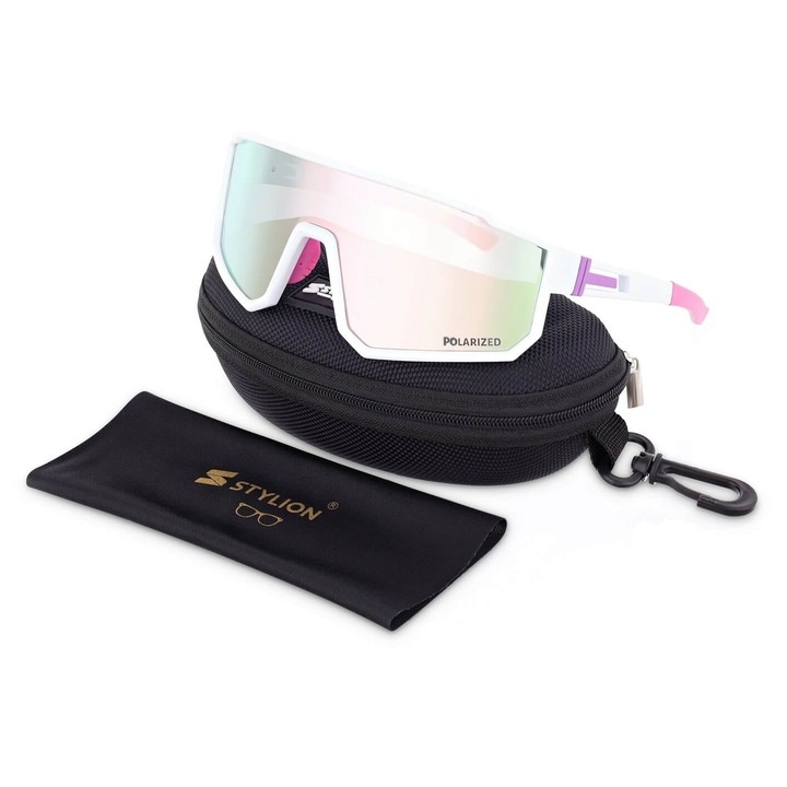 Ochelari de soare sportivi Polarzone POL-468A, polariizati, alb/roz, dimensiuni 13.5x5.6cm, set cu etui si stergator