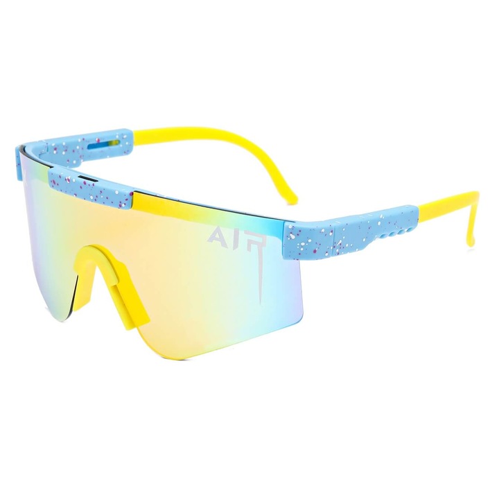 Ochelari de soare sportivi MAXAIR ST-MAX8F, UV 400, galben-albastru, set cu etui si stergator