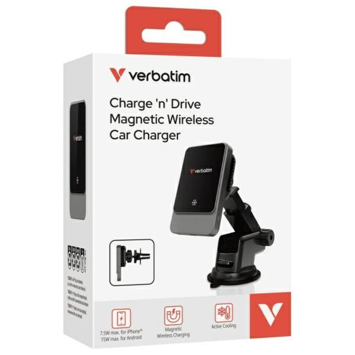 Incarcator auto Verbatim Charge 'n' Drive Magnetic Wireless 15W, RGB, negru/silver, dimensiuni 95.3x60x42.4mm