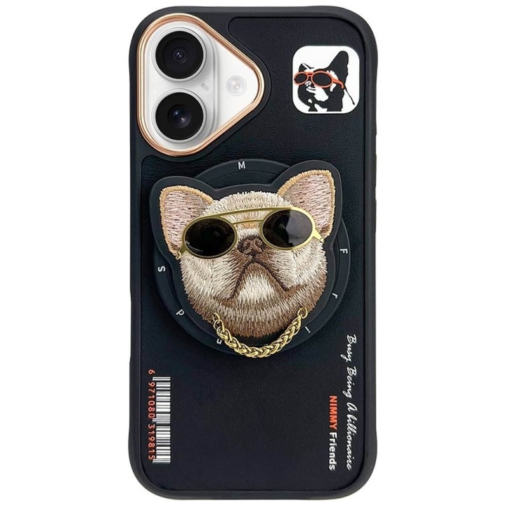 Husa pentru telefon, Nimmy, colectia Cool Dog, design cu caine brodat, MagSafe, negru, pentru iPhone 16 6.1"