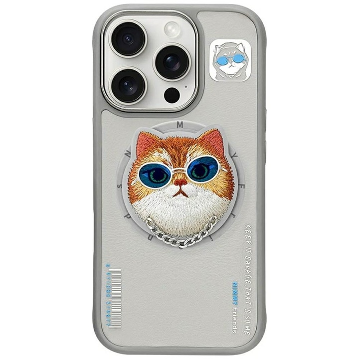 Telefontok, Nimmy, Polikarbonát / TPU, MagSafe, Kompatibilis iPhone 16 Pro Max készülékkel, Macska minta, Szürke