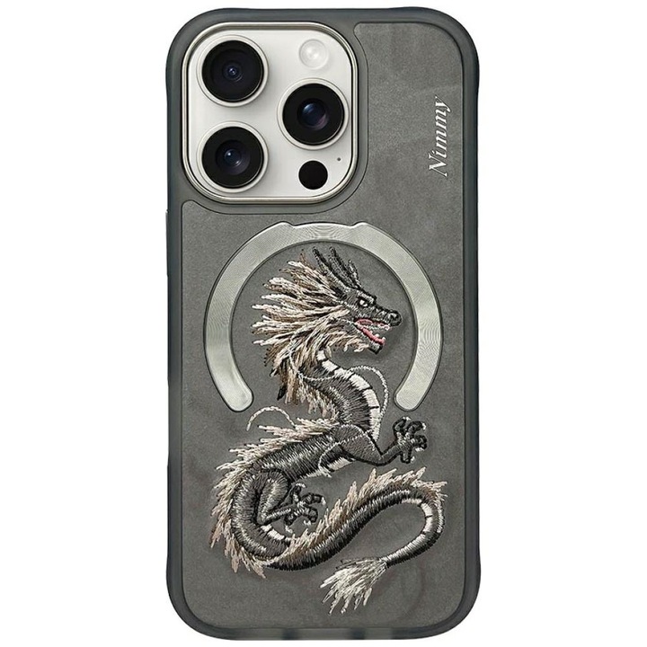 Husa telefon pentru iPhone 16 Pro, Nimmy Dragon, gri, TPU/PU
