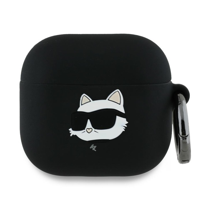 Калъф за AirPods 4, Karl Lagerfeld, Silicone Choupette Head 3D, черен, защита срещу удар