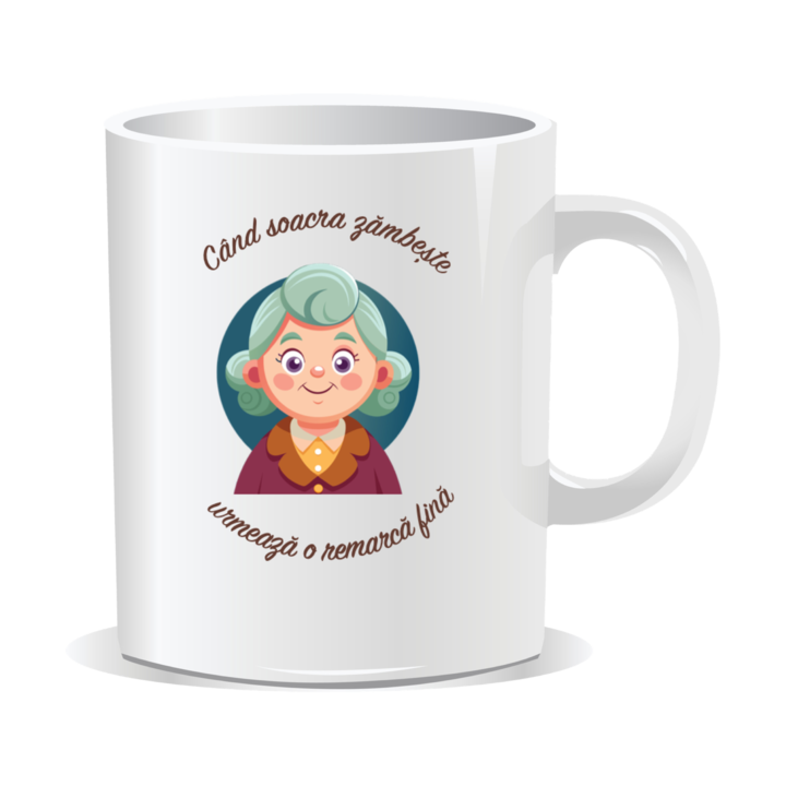 Cana personalizata cu mesaje pentru soacra, Cand soacra zambeste urmeaza o remarca fina, 330ml, interior alb