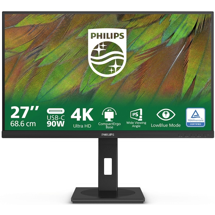 Monitor Philips Business 3000 Series, 27 hüvelykes, WLED, IPS, 3840 x 2160 4K, 2 x HDMI 2.0, USB Type-C DisplayPort aljzattal, Ethernet (RJ-45), 1 x DisplayPort 1.4, 1 x audio kimenet, 3 x USB 3.2, Beépített hangszórók 2 x 2W