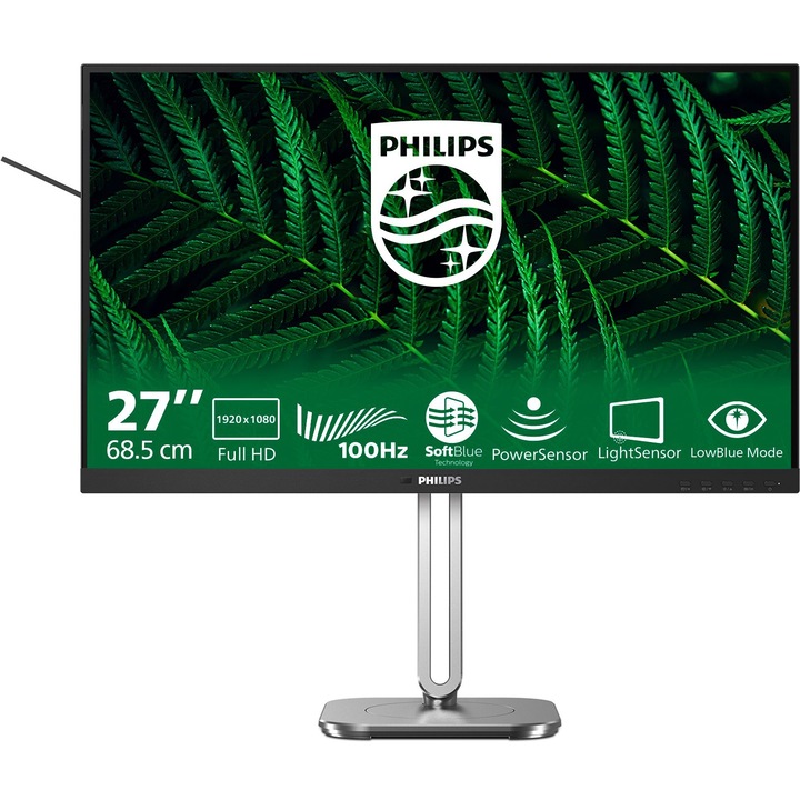 Monitor Philips Business 5000 Series, 27 hüvelykes WLED, IPS, 1920 x 1080, VGA, 1 x HDMI 1.4, 1 x DisplayPort 1.2, 1 x audio kimenet, 1 x audio bemenet, 4 x USB 3.2 downstream, 1 x USB 3.2 Type-B Upstream, Beépített hangszórók 2 x 3W