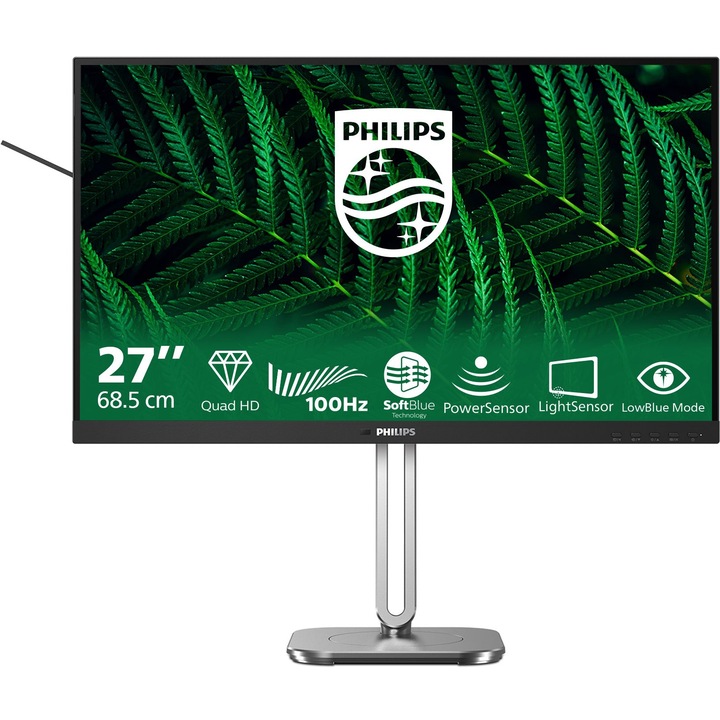 Monitor Philips Business 5000 Series, 27 hüvelykes WLED, IPS, 2560 x 1440, 2 x HDMI 2.0, 1 x DisplayPort 1.4, 1 x audio kimenet, 1 x audio bemenet, 4 x USB 3.2 downstream, 1 x USB 3.2 Type-B Upstream, Beépített hangszórók 2 x 3W