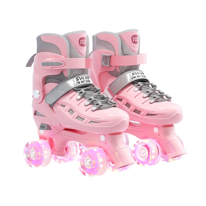 Role reglabile pentru copii si adulti, roti luminoase din silicon, Rand dublu 4 roti，Marimea 30-35 reglabila, Aluminiu/poliuretan, Role, ROz