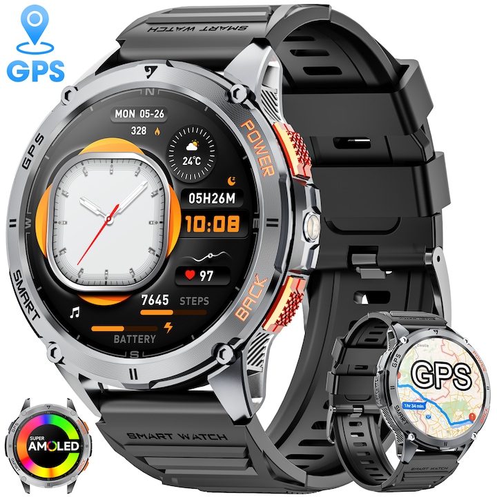 Смарт часовник Mingtawn, GPS, K67A, 1,43 инча AMOLED HD екран, Bluetooth разговори, Крачкомер, Съобщения за социални разговори, Смарт известия, Фитнес тракер, Режим на упражнения, Проследяване на сън, Сърдечен ритъм, Водоустойчив, Черен