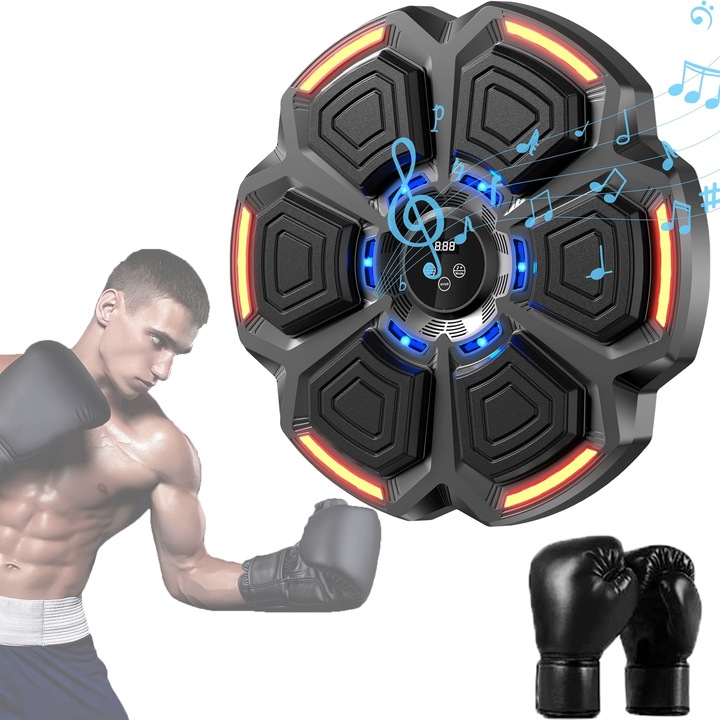 Tinta lovituri Box, Difuzor incorporat, Conexiune Bluetooth, Iluminare LED a zonei de lovire, Montabil pe perete, Pentru Copii si Adulti, Manusi Incluse, negru
