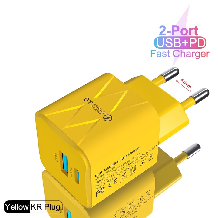 Kétportos USB-A és C típusú gyorstöltő PD tápadapter, 25 W, sárga
