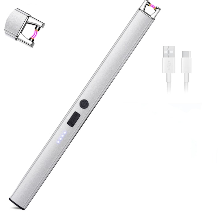 USB електрическа запалка, модерен дизайн, ветроустойчива, без газ, за многократна употреба и преносима, сребриста