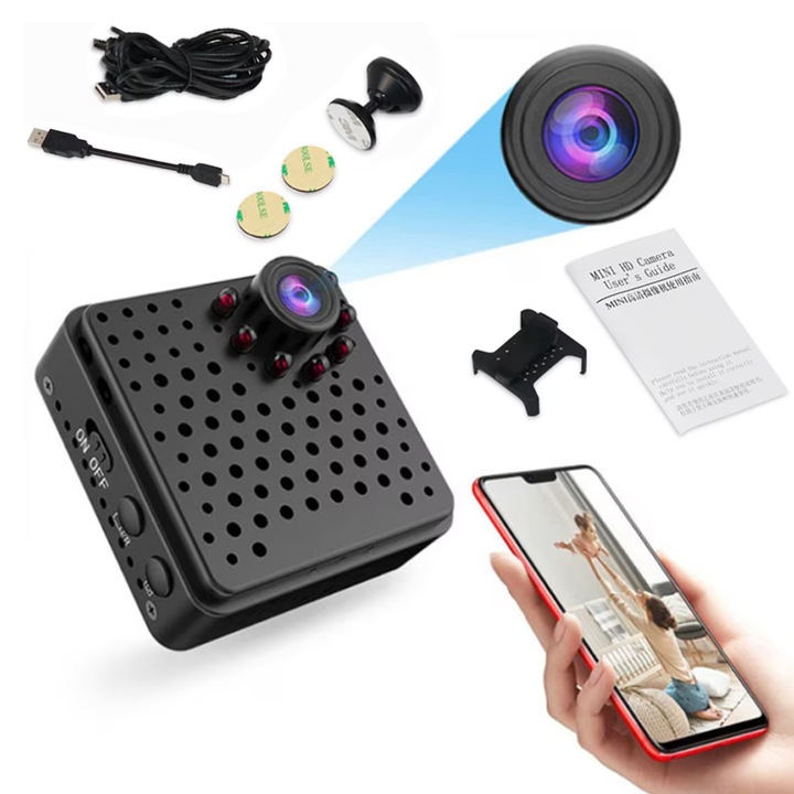 Мини WiFi камера за наблюдение, Full HD 1080p, 155 градусов ъгъл, вградена батерия, сензор за движение, аудио-видео нощно виждане, APP аларма, дистанционно управление, възпроизвеждане на живо, черен