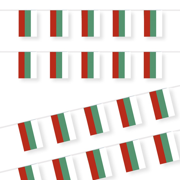Set 2 stegulete tip ghirlanda ale Bulgariei fata-verso, 20 steaguri pe banda, 14×21 cm, franghie 5,5 m. Ideal pentru decor petreceri, parade, evenimente tematice si sarbatori nationale