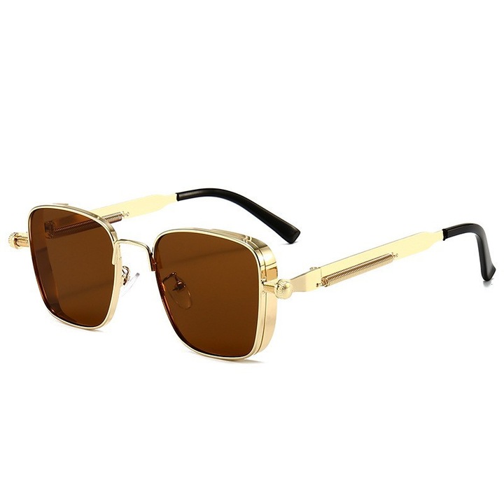 Ochelari de soare barbati, retro, rame metalice, lentile polarizate, auriu
