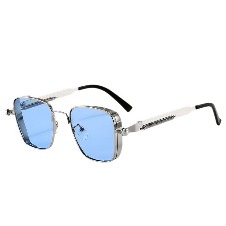 Ochelari de soare barbati, rame metalice, lentile degrade, argintiu/albastru, UV400