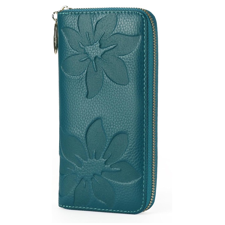 Portofel dama, GOGOU®, Piele PU, ornamente florale embosate, 19x10x2.5cm, pentru telefon, bancnote, carduri, monede, Teal