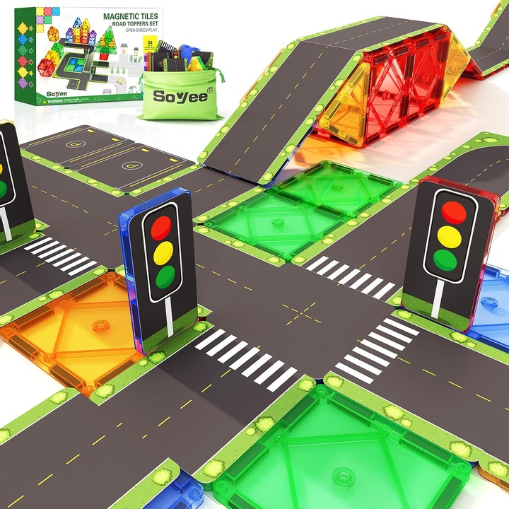 Soyee Road Toppers 3D mágneses építőkészlet, 56 db úttest kiegészítő mágneses csempéhez, fejlesztő és kreatív játék, sokszínű, kompatibilis más 3D készletekkel, gyerekeknek +3 éves kortól