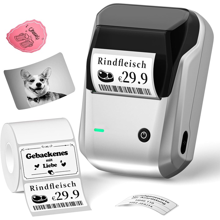 Преносим Bluetooth термопринтер, за 20-50 mm етикети, 203 dpi, 1500 mAh батерия, приложение за iOS и Android, съвместим със смартфон и компютър, мултифункционален