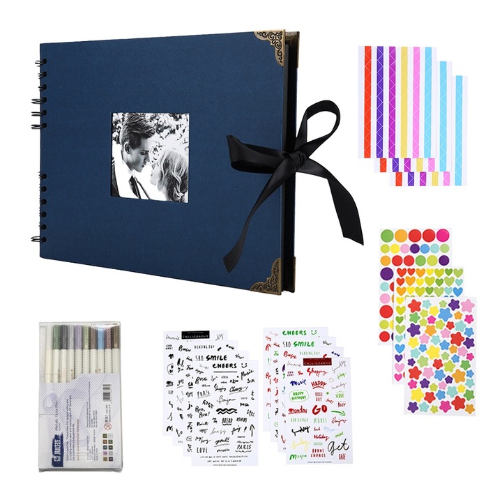 Set album foto creativ, Carton/Metal, Carte memorie DIY, Albastru inchis