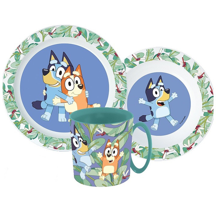 Bluey, Set de vase pentru copii, Contine 3 piese, 1 Farfurie plata, 1 Bol adanc, o cana micro de 265 ml, Produsul este ecologic, Fara BPA, Compatibil cu cuptorul cu microunde, Ideal pentru a oferi un cadou minunat oricarui copil