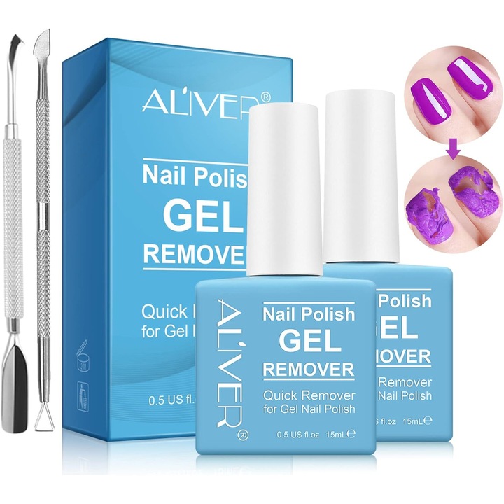Gel natural pentru indepartarea ojei profesionale Aliver, cu instrumente de curatare, 2x15ml