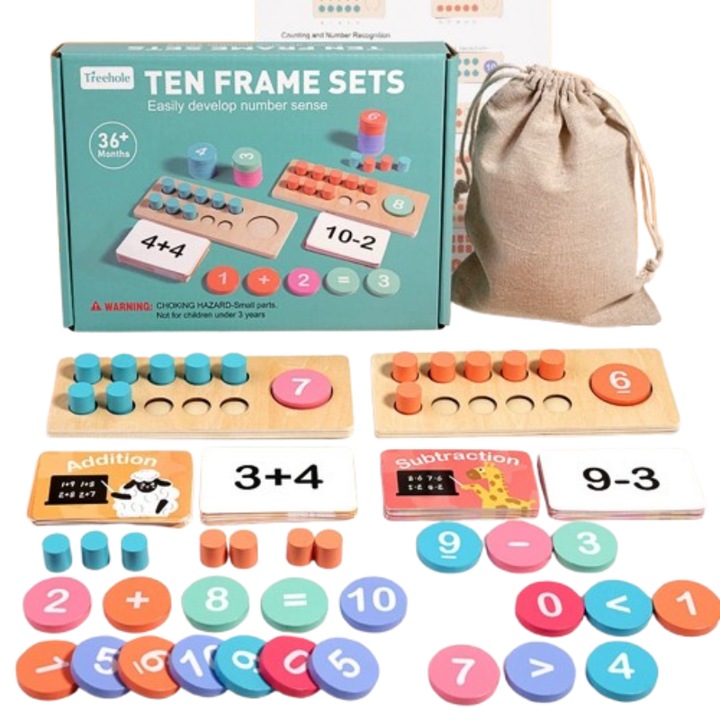 Joc educativ Montessori, MzcrJosv ®, Abac matematic cu 10 coloane, Jucarie interactiva pentru copii, Dezvoltare abilitati de calcul si logica, Material din lemn, 23X17X5.2cm, Multicolor