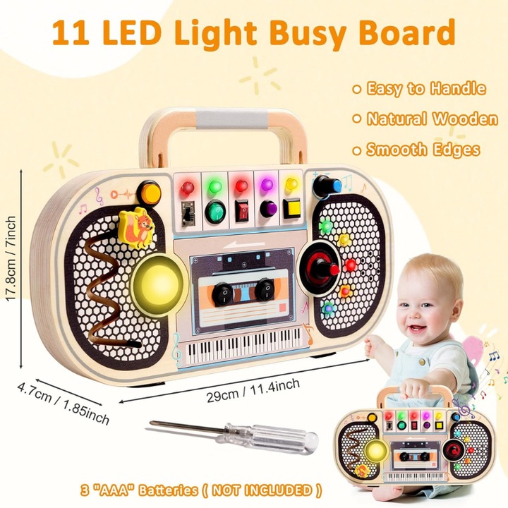 Jucarie educativa Montessori, MzcrJosv ®, Busy Board din lemn pentru copii, Panou interactiv cu circuit electric, butoane, inregistrare vocala si LED-uri, Dezvoltare abilitati practice si cognitive, 29*17.8*4.7cm, Multicolor