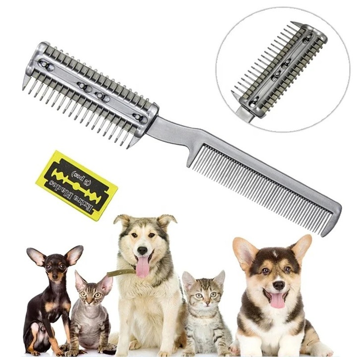 Pieptene cu trimmer pentru animale, cu 2 lame, design multifunctional, pentru taiere si descalcire