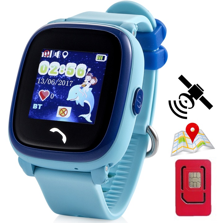 Детски GPS смарт часовник с местоположение и телефон Techone® WonderWatch, IP67 водоустойчив, телефон, SOS бутон, шпионско наблюдение, история на местоположението, текстови чат, син