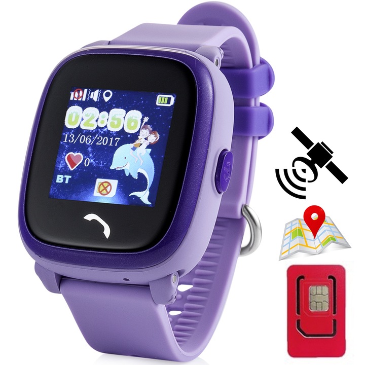 Детски GPS смарт часовник с местоположение и телефон Techone® WonderWatch, IP67 водоустойчив, телефон, SOS бутон, шпионско наблюдение, история на местоположението, текстови чат, лилав