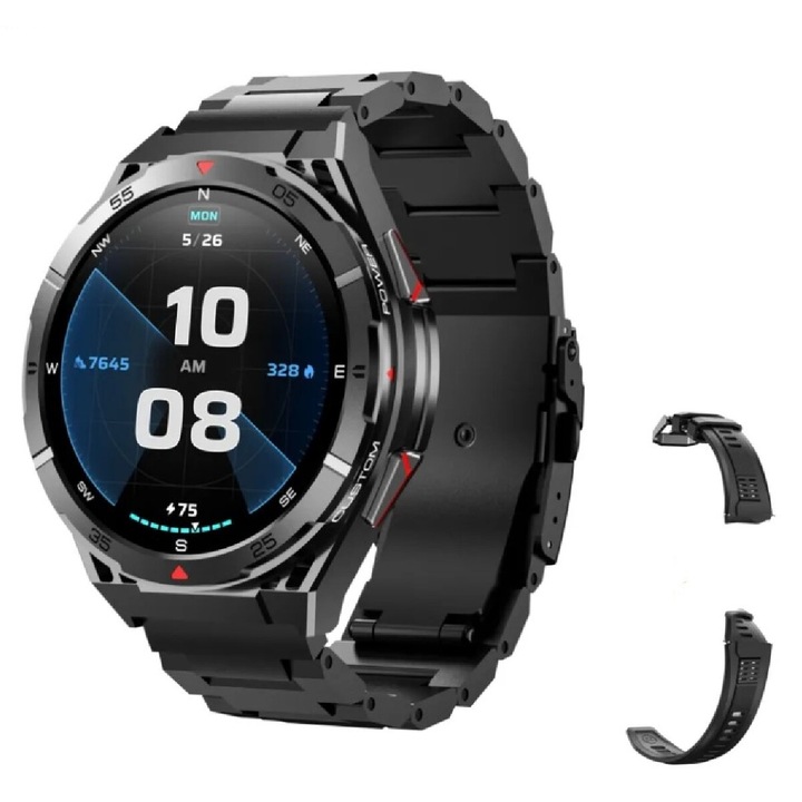 Мъжки смарт часовник, Singlait® SIN2A, GPS, 1.43" AMOLED дисплей, 466x466 резолюция, интелигентен, фитнес, спортен, 3ATM водоустойчив, смарт, известия, Bluetooth разговори, HD микрофон, румънски език, метална каишка, силиконова каишка, включени 2 каишки