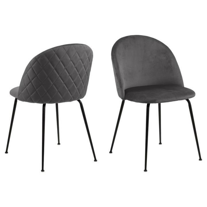 Scaun de dining gri cu spatar cu design interesant si picioare negre din metal Louise
