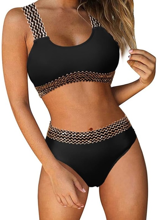 Дамски бански костюм Push Up Tummy Control с висока талия и чашки с пайети Svanco, размер M, черни и бежови