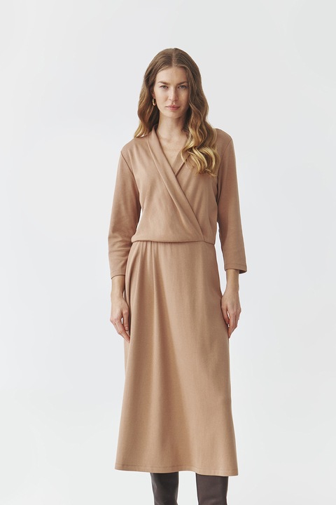 Tatuum, Rochie din amestec de modal cu decolteu in V, Maro nisip