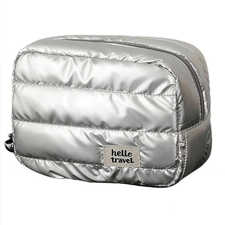 Portfarduri si genti cosmetice, 3 compartimente, mari si rezistente, fermoar, organizator de voiaj, cosmetice si bijuterii, impermeabil, anti-coliziune din bumbac captusit moale, 21 X 15 X 9 cm, argintiu