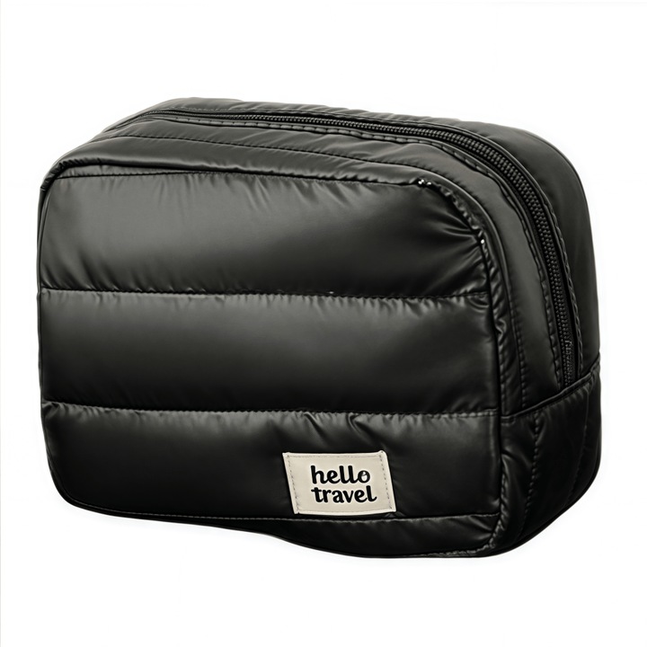 Portfarduri si genti cosmetice, 3 compartimente, mari si rezistente, fermoar, organizator de voiaj, cosmetice si bijuterii, impermeabil, anti-coliziune din bumbac captusit moale, 21 X 15 X 9 cm, negru