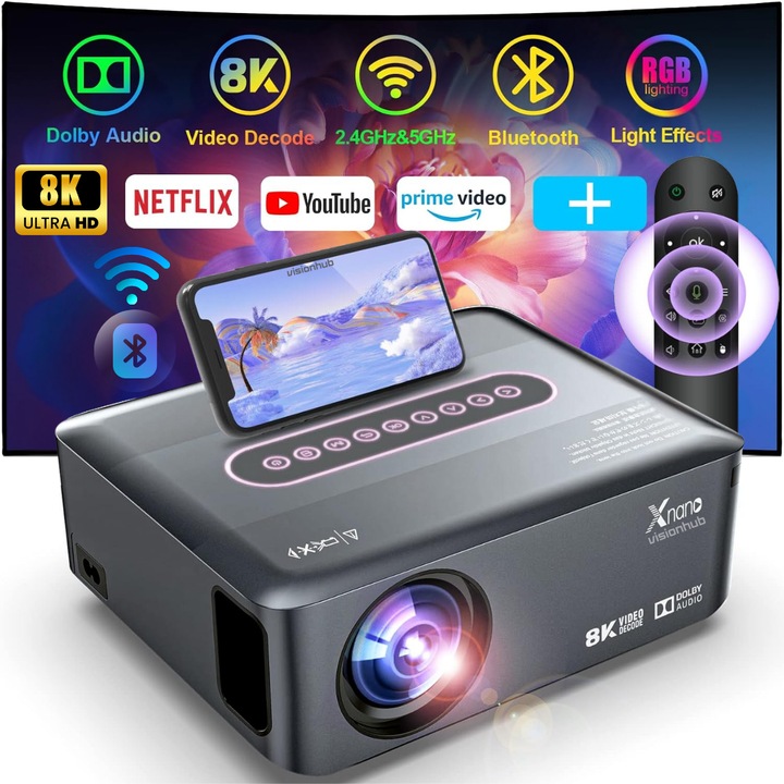 Videoproiector portabil Full HD VisionHub®, Android 9.0 si Wi-Fi & Bluetooth, 12 000 Lumeni, Proiector cu Rezolutie 1920 x 1080 HD, Suport 4K/8K, HDMI, VGA, AV, USB, Dolby Digital Audio, Mirroring pentru Android/IOS, difuzor integrat, Telecomanda smart