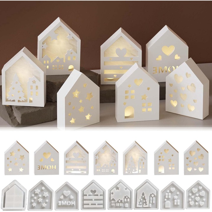 Set 8 matrite din silicon, forma case, cu diverse modele, pentru lumanari si sapunuri, alb