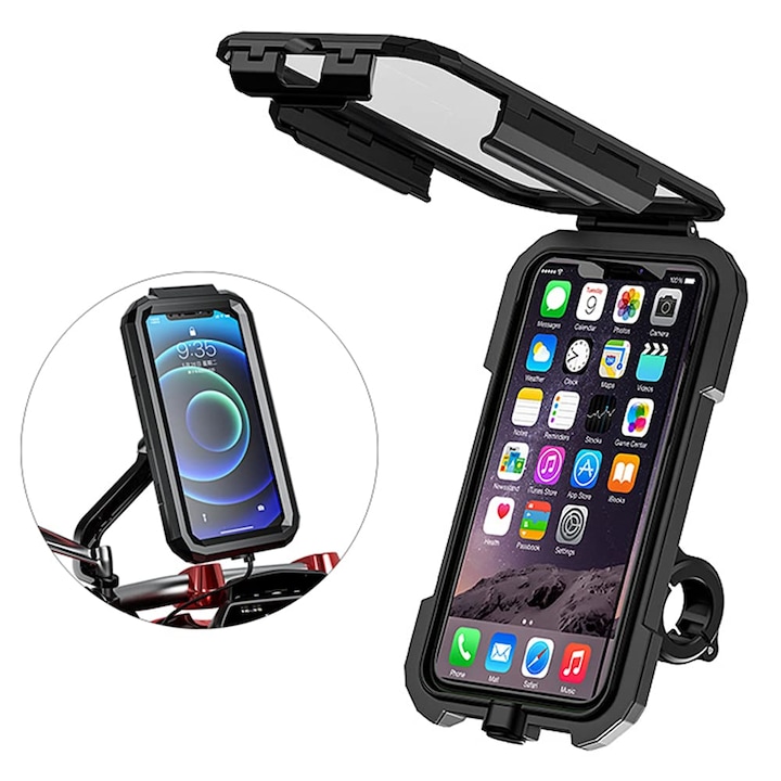 Kerékpártelefon tartó, GPS navigációs, vízálló, teljesen fedett, 360°-ban elforgatható, állítható magasságú