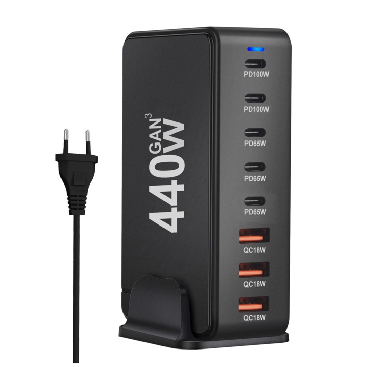 Бързо зарядно 8-в-1 Gan Iii 440W Pd 5X Usb C 3X Qc 3.0 за лаптопи Iphone
