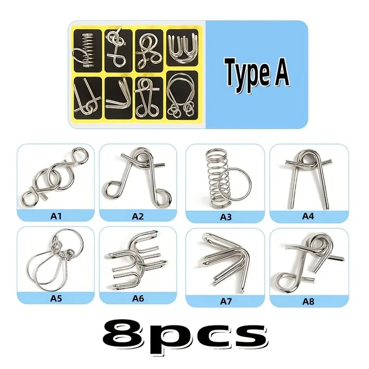 Logikai játékkészlet, Active Minds fém ördöglakat - 8 logikai játék, különböző nehézségi fokozatok, oktatási, tartós kialakítás, tökéletes kreatív elmék számára, IQ-teszt, A típus